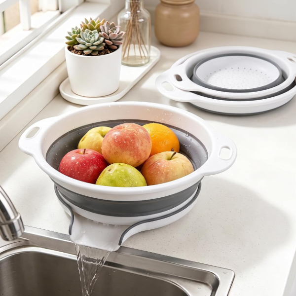 3-Piece Collapsible Colander Set With Self-Draining Base (Gray)