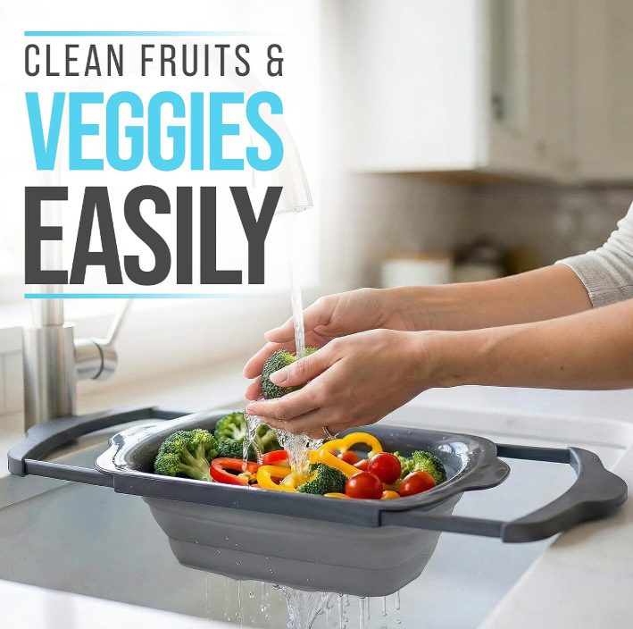 Gray Collapsible Over-The-Sink Colander For Draining Pasta And Ingredients - Image 2