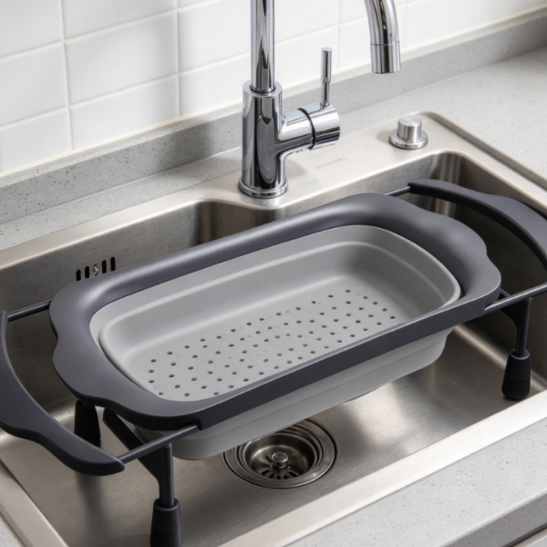 Gray Collapsible Over-The-Sink Colander For Draining Pasta And Ingredients