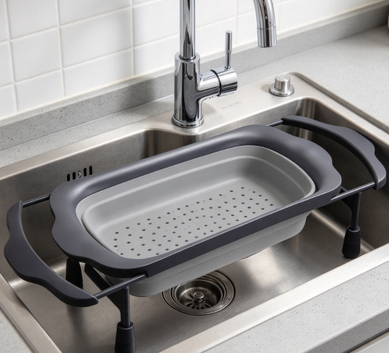 Gray Collapsible Over-The-Sink Colander For Draining Pasta And Ingredients