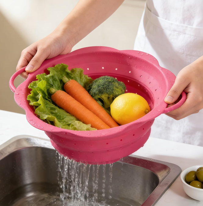 Collapsible Silicone Colander For Draining Pasta And Vegetables