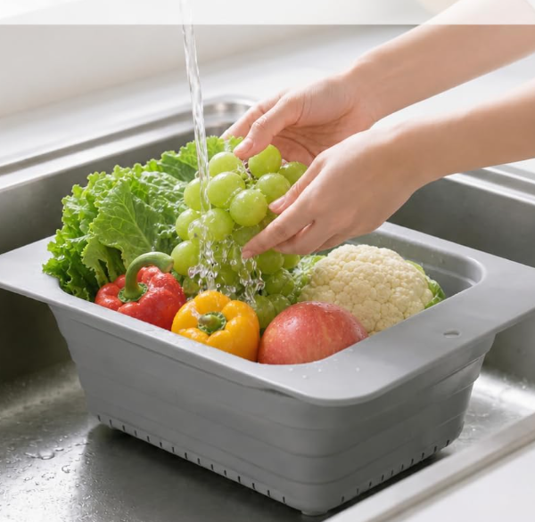 Space-Saving, Gray, Collapsible Silicone Kitchen Colander