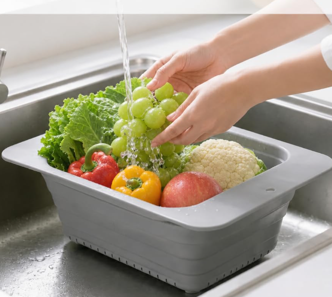 Space-Saving, Gray, Collapsible Silicone Kitchen Colander