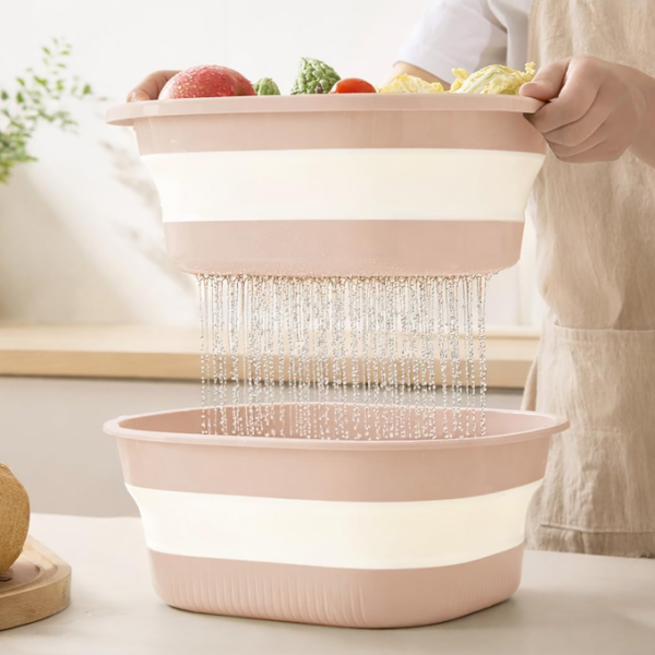 Collapsible Colander And Basin, 2-In-1 Foldable Design (Pink)