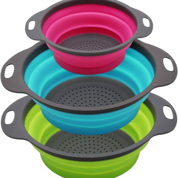3-Piece Set Of Round, Collapsible Silicone Colanders