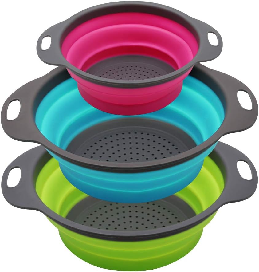 3-Piece Set Of Round, Collapsible Silicone Colanders