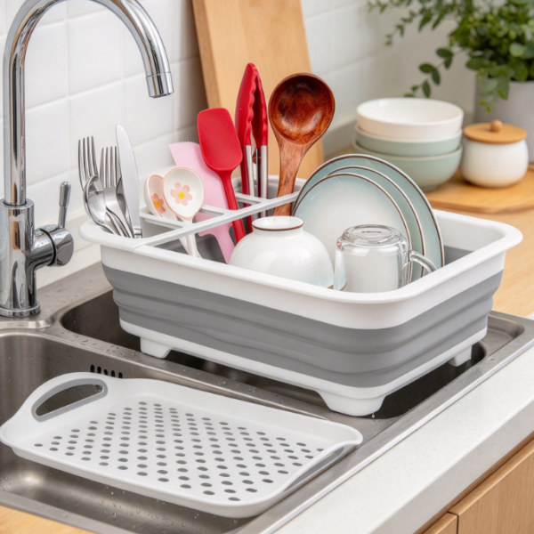 Collapsible Dish Drying Rack With Countertop Drainage Tray