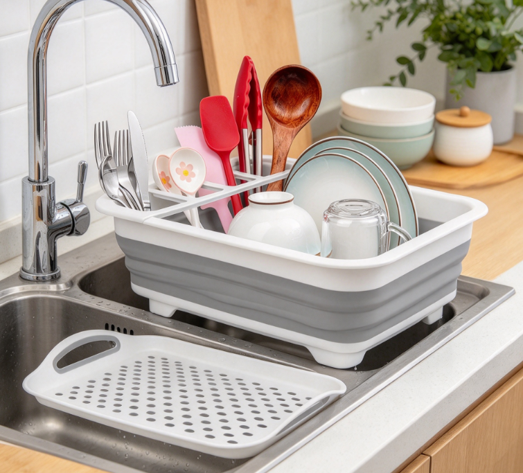 Collapsible Dish Drying Rack With Countertop Drainage Tray