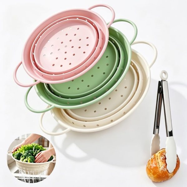 3-Piece Set Of Collapsible Silicone Colanders, Includes Food Tongs